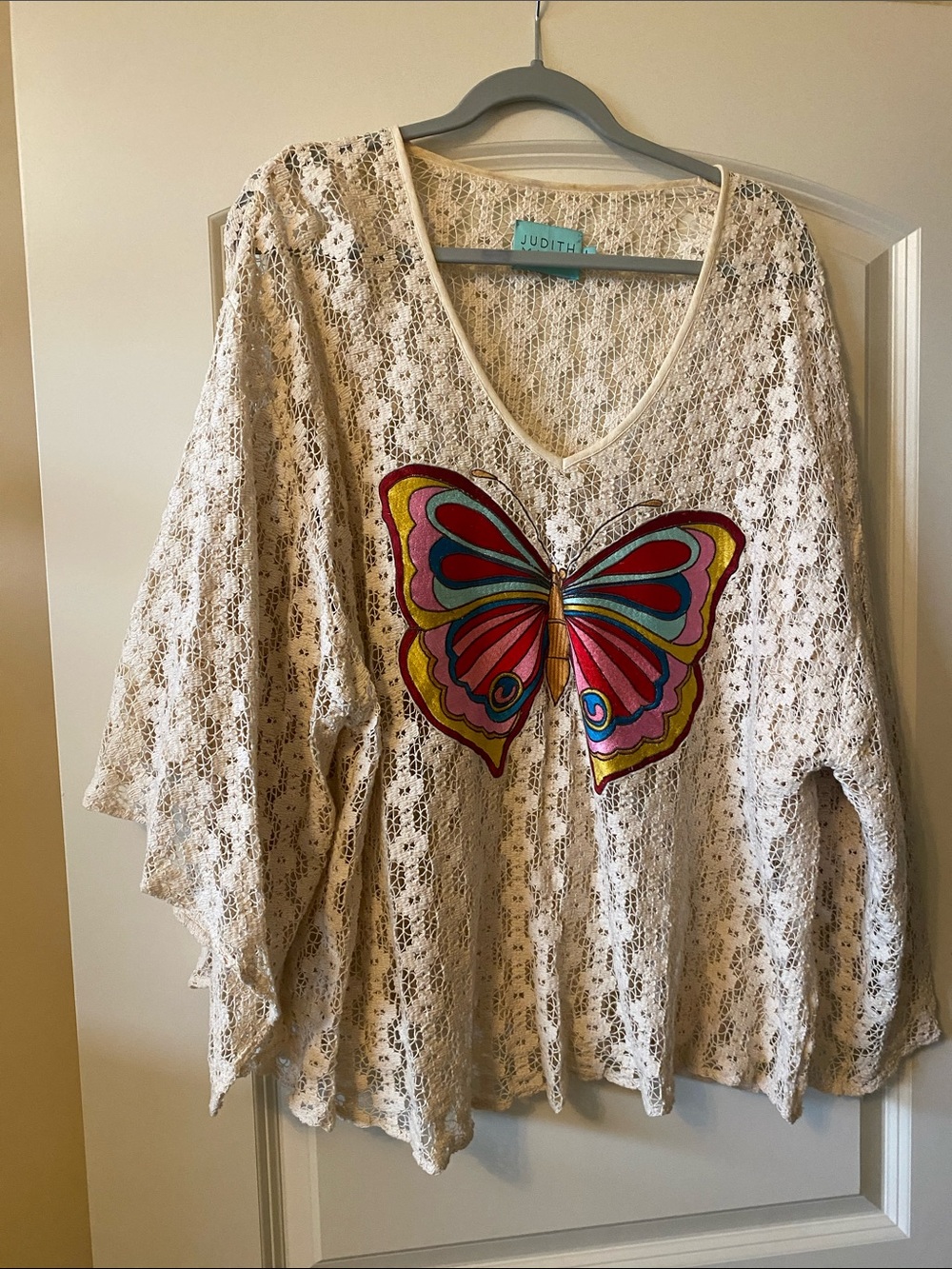 Judith March Cream Lace Tunic with Colorful Butterfly Appliqué